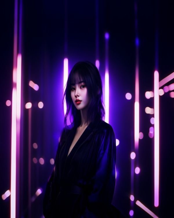 上原亚衣演艺生涯代表形象，深紫霓虹灯光氛围下的专业写真风格，展现其独特魅力与表演气质